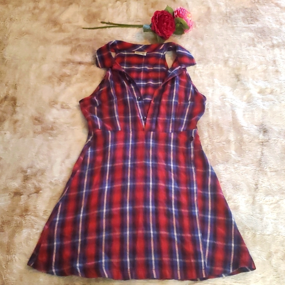 Plaid button up collar school girl skirt dress